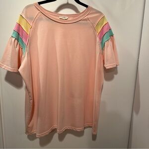 Easel Boutique Pink Top with Colorful Striped Sleeves - oversized a little